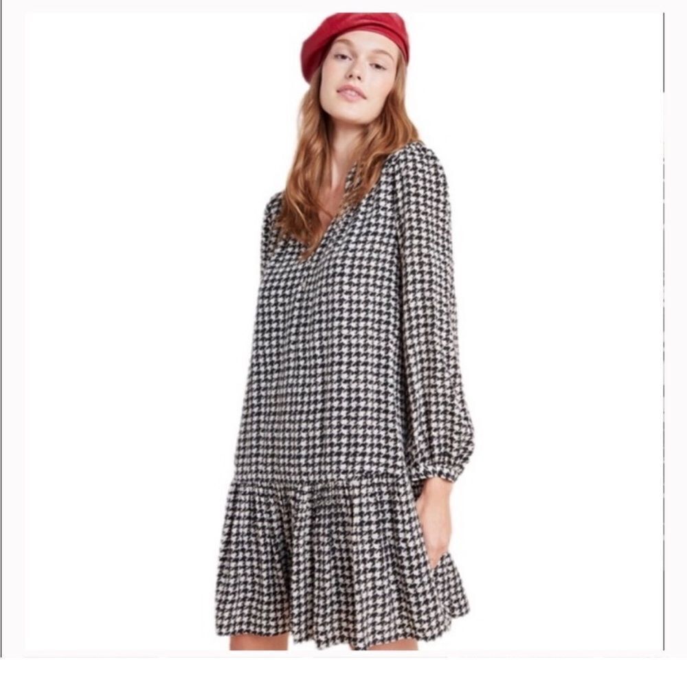 ANTHROPOLOGIE MAEVE STERLING HOUNDSTOOTH BALLOON SLEEVE DROP WAIST DRESS S